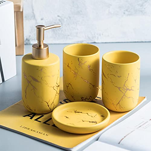 kiss me Ceramic Bathroom Accessory Set, 4 Pieces Modern Marble Bathroom Countertop Accessories Set Luxury Home Decor Complete with Liquid Soap Dispenser, Toothbrush Tumblers, Soap Dish (Yellow)