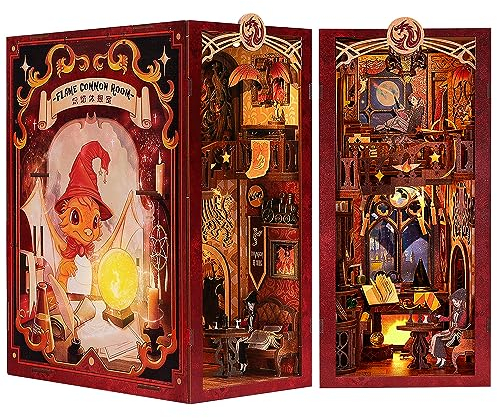 Cutefun DIY Book Nook - Puppenhaus Kitaus Holz mit Staubschutzhülle,DIY Miniatur Puppenhaus Bücherecke Bibliothek Häuser Modellbausätze mit LED Leuchten Bücherregal Dekor (Flame Common Room)