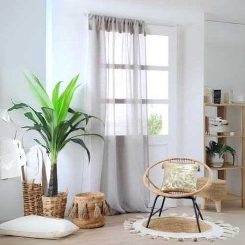 Lovely Casa Boho-Vorhang mit Pompons, aus Jute, Polyester, naturfarben, 140 x 260 cm