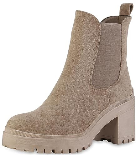 VAN HILL Damen Chelsea Boots Blockabsatz Plateau Vorne Trendy Schuhe 840564 213170 Khaki Velours 40