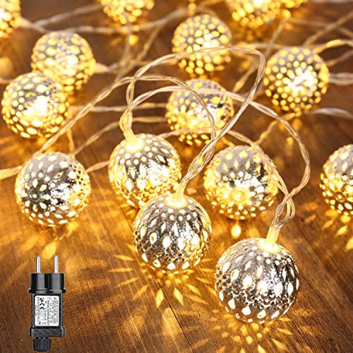 Qedertek Lichterkette außen 7M 20 LED, Weihnachtsbeleuchtung außen 8 Modi mit Timer, Warmweiß Lichterkette Innen mit Stecker, Kugeln Weihnachtsbeleuchtung für Zimmer Weihnachtsdeko Weihnachtsbaum