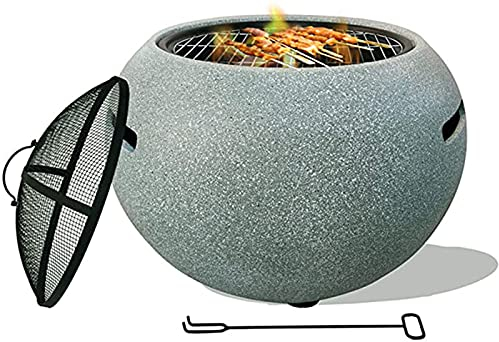 DOLIJA Runde Holzfeuerstelle für den Außenbereich, Feuerschale aus Stahl mit Rand aus MgO-Kunststein, BBQ-Grill und Funkenschutz mit Schürhaken 67 52,5 cm