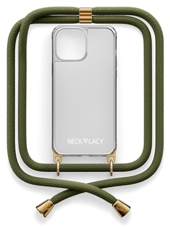 NECKLACY® - Die Premium Handykette für Apple iPhone 15 Pro in Dark Olive | transparente Handyhülle mit hochwertiger Abnehmbarer Kordel zum Umhängen - Smartphone Crossbody