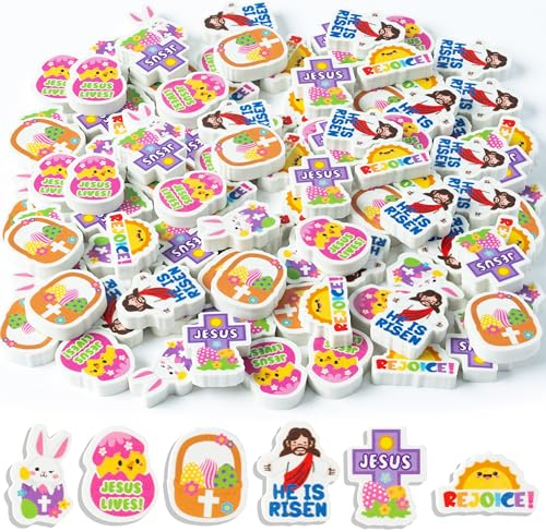 EFenegabos 60Pcs Easter Mini Erasers for Kids Bulk Pencil Erasers Jesus Easter Bunny Eggs Small Rubber Novelty Party Favour Boys Girls Reward Prize for Easter Eggs Hunt
