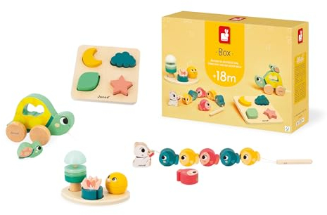 Janod - Spielbox Baby - Kinderspielzeug 18 Monate - Lernspielzeug mit Holzpuzzle - Motorikspiele Baby - Aktivitätsspielzeug für die Psychomotorische Entwicklung - Ab 18 Monate J04064