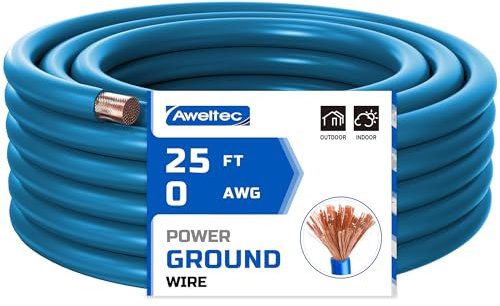 AWELTEC 0 Gauge Blue Power Ground Wire, 25 Feet, Copper Clad Aluminum, Car Audio, Amp Wiring, Generator, Automotive, RV