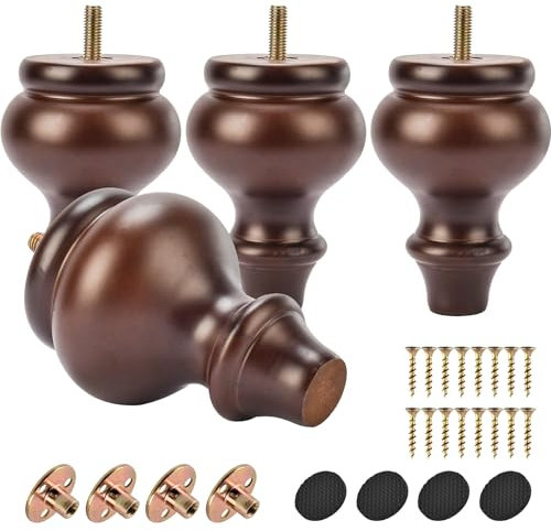 Btowin VCF Lot de 4 pieds de meubles en bois massif tourné avec boulons de suspension filetés M8, plaque de montage et vis pour canapé, armoire, meuble TV, fauteuil ottoman, 13 cm