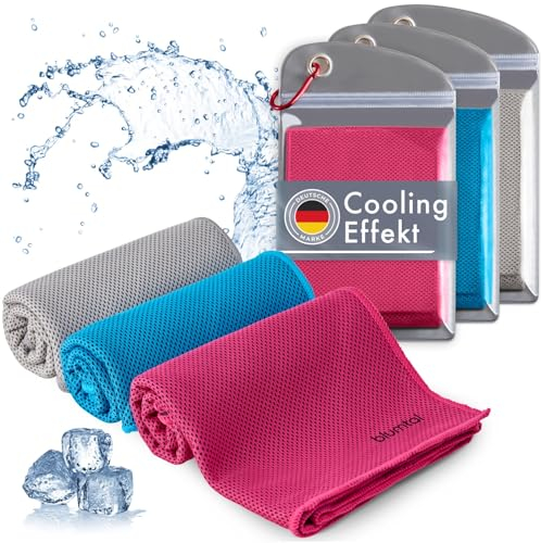Blumtal Kühlhandtuch 3er Set - kühlendes Handtuch als Sporthandtuch - Mikrofaserhandtuch mit Kühlfunktion - Fitness Handtuch 100x30 cm mit Tasche - Kühltuch - Erfrischungstücher in Blau, Grau, Pink