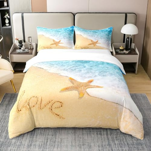 Loussiesd Seestern Bettbezug Set Hawaiian Strand Bettwäsche Set 135x200cm 100% Baumwolle Ozean Marine Thema Betten Set für Jungen Mädchen Kinder Sommer Urlaub Zimmerdeko Meer Kreaturs Leicht
