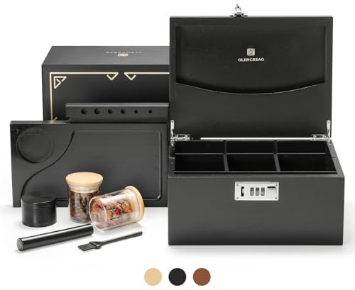 GLENCREAG Scatola portaoggetti con vassoio per rollare, grande scatola in bambù a prova di odore con serratura, set decorativo con barattoli di vetro e macinino, regalo per uomini e donne