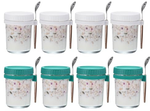QUARKZMAN Noche Avena Recipientes con Tapas, 8uds - 10 Oz Noche Avena Frascos con Cucharas y Medida Marcas, Albañíl Vidrio Tarros para Leche Cereal (Blanco+Cian)