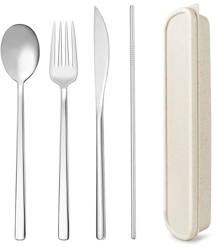 SUOXU Cutlery Set with Case,Stainless Steel Flatware Set 4-Piece Set:Knife Fork Spoon Straw,Dishwasher Safe,Long Handle Suitable for Outdoor Picnic Camping Travel Office School Lunch Beige Box Cutlery