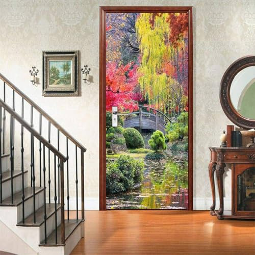 3D Door Stickers for Interior Doors Landscape Garden Door Decals Autumn Door Mural Self Adhesive Door Wallpaper Wall Murals for Bedrooms Living Room Home Decor 77x200 cm a.505