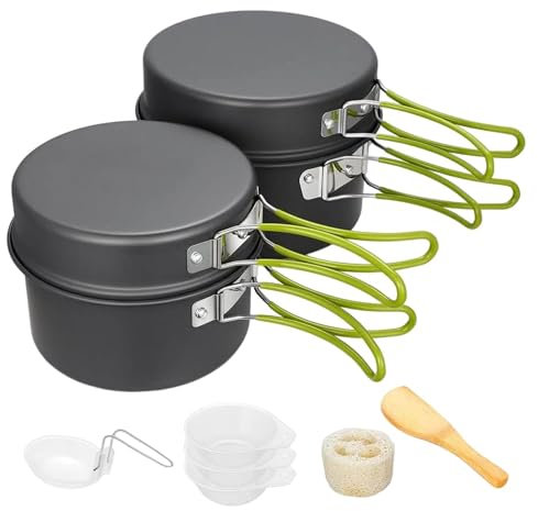 Ensemble de casseroles de camping – Batterie de cuisine pour camping | Casserole et poêle | Ensemble de 10 pièces pour l'extérieur, le camping, le pique-nique et la randonnée en plein air