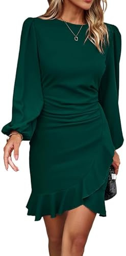 Haibang Robe Moulante Élégante à Manches Longues pour Femmes - Courte Vintage Ruffle Crayon Midi pour Soirée Cocktail Party Formelle Travail Automne Hiver