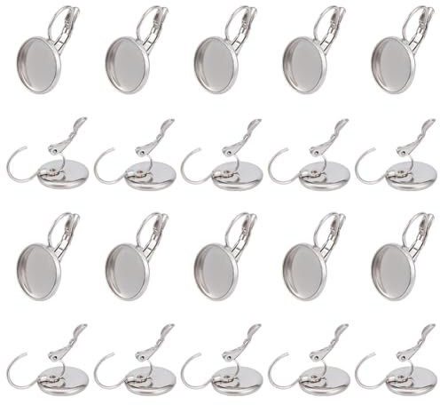 HOBBIESAY 20 Stück 304 Leverback Ohrringhaken Aus Edelstahl Cabochons Lünettenfach Offene Creolenkomponenten Mit 12mm Flachem Rundem Rohling Für Die Schmuckherstellung von Baumelnden Ohrringen