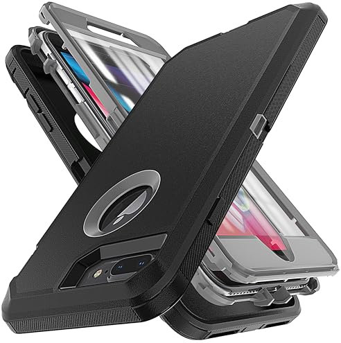 YmhxcY for iphone 8 Plus/iPhone 7 Plus Case with Built in Screen Protector Drop Proof 3-Layer Durable Cover/Shockproof Armor Drop Protection Solid Rubber Case for iPhone 7+/8+-Black/Grey-New