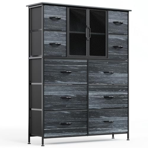 VERMESS Tall 10 Drawers Dresser with Mesh Doors, Fabric Chest of Drawers for Bedroom, Sturdy Metal Frame Storage Cabinet with Adjustable Feet, Black