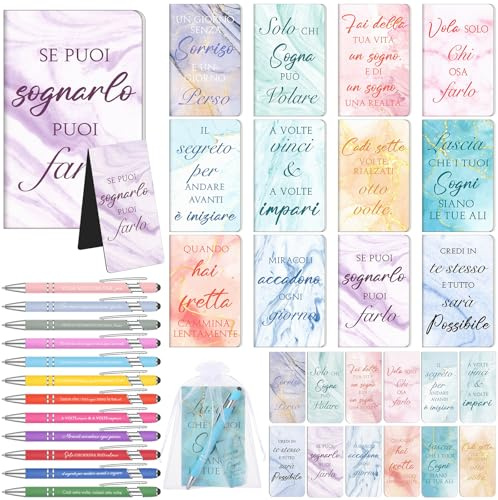 Sinmoe 12 Set 48 Pezzi Regali Motivazionali Regali con Citazioni Motivazionali Italiano Segnalibri Magnetici Ispiratrici Mini Taccuini Penne Colorati per Colleghi Amici Maestra Laurea Fine Anno Natale