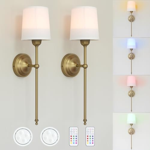 HEQIQEH Rustic Vintage Battery Operated Wall Light Sconce Fixture with Remote Control, Flared Funnel Linen Fabric Shade Dimmable Nightstand Lamps for Bedside Bedroom Living Room (Antique)