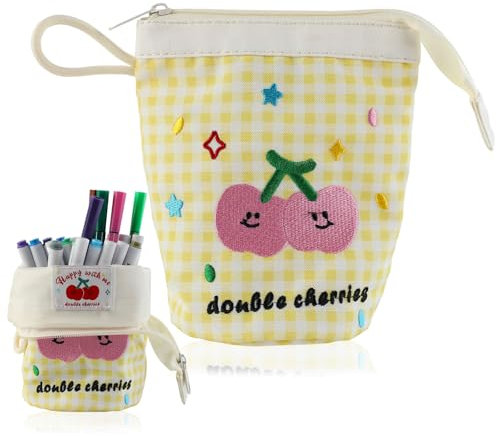 Lvjkes Federmäppchen, Kawaii federmäppchen mit 2 Fächer, Multifunktionales federmappe mit Griff, Transportieren und Aufzuhängen, Verschleißfest und langlebig, Für Jungen und Mädchen (Gelb-Kariert)