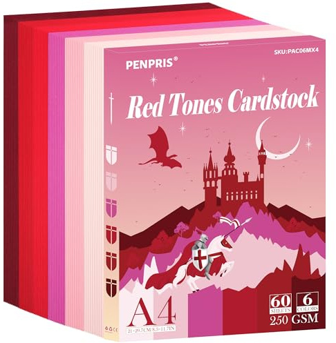 60 Blätter Rote Töne Karton 6 Farben 250gsm/92lb Baupapier A4 Größe | PENPRIS Doppelseitiges Schweres Kartonpapier Für Drucker, Kartenbasteln, Diy-Basteln, Scrapbooking PAC06MX4
