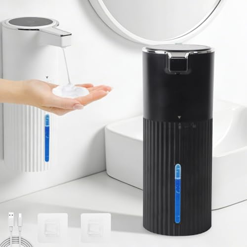 Seifenspender Automatisch Berührungsloser 400ml, Schaumtyp Seifenspender | Elektrischer Seifenspender mit Sensor USB-Aufladba,IPX5 Wasserdicht,Ohne Bohren für Bad,Küche,Büro,Soap Dispenser-Schwarz