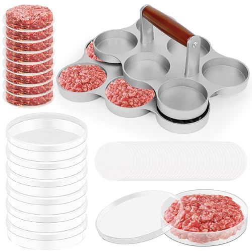 TESIN 6-Fach Mini Burgerpresse Kit – Slider Maker für kleine Patties (Ø 6,5cm) – Aluguss Antihaft Fleischpresse mit 200 Papier & 6 Dosen – Ideal für Party, Kindergeburtstag & Fingerfood (Hexagon)