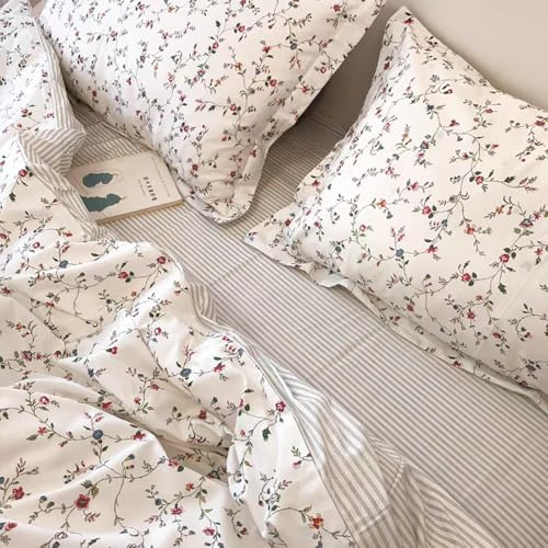 Covebett Housse de Couette 200x200 Fleurie Beige Floral Réversible Rayé | Parure de Lit Adulte 2 Personnes, Sets de Housses de Couettes en Microfibre, Fermeture Éclair, 2 Taies d'oreiller 65x65