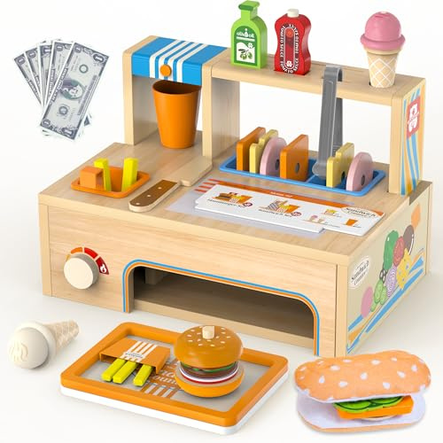 Foldable Wooden Play Food Sets Sandwich Counter with Storage for Ages 3+ | 56 Pcs Pretend Play Kitchen Food Toy, Burger, Ice Cream, Fries, Play Money, Kids Play Store Boy Girl Birthday Gift