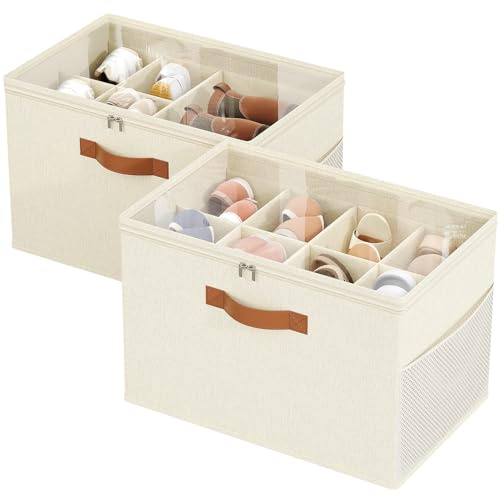 IMAXTOP 2 Pack Shoe Organizer for Closet, Clear Foldable Shoe Storage Containers Adjustable Dividers Fits 16 Pairs,Shoe Storage Bins Baskets Boxes with Reinforced Handles Beige