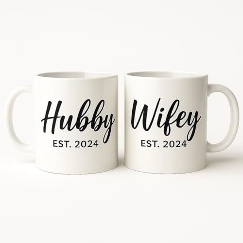 SUBLIX Hubby & Wifey Mug Set – 11oz Ceramic Coffee Cups – Couples Gift for Wedding, Anniversary, Engagement – His & Hers – Designed & Printed in UK