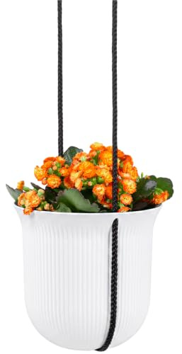 KONZEPT Blumenampel Hängend 18 cm Durchmesser – Hängeblumentopf in modernen Rippen-Look, Wetter- & UV-beständig, 3-in-1 Set (Topf + Halterung + Schnur), für Wohnung, Balkon & Terrasse, Weiß