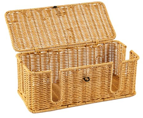 GREENSAPPIRE Handmade Rattan Cable Tidy Box – Stylish Cable Management Box & Under-Desk Cable Organiser Box with Lockable Lid, Side Openings for Power Strip, Home Wire Tidy Cable Box (Brown L, 1PCS)
