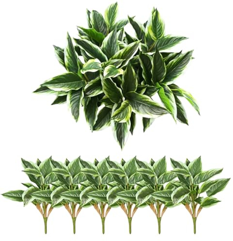Rmisk Hosta Artificial Plant - 15.75 Inch UV Resistant Outdoor Faux Plants - Fake Tropical Hosta for Indoor,Office,Bathroom & Garden Decor, Small Faux House Plants (6, White Border Green)
