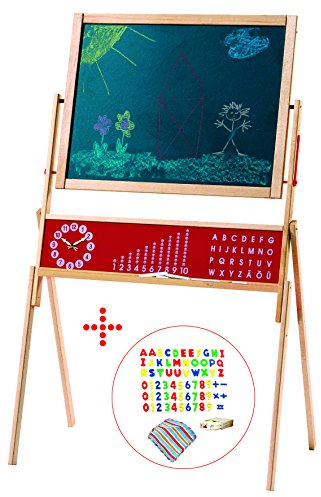 roba Baumann Pizarra roba, pizarra sobre soporte para niños, con accesorios y tablero giratorio, tablero de escritura con lineas para escribir, tablero magnético, incluye tiza, delantal, tela, reloj
