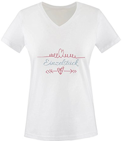 Comedy Shirts - Einzelstück - Herz Pfeile - Damen V-Neck T-Shirt - Weiss/Eisblau-Rosa Gr. L