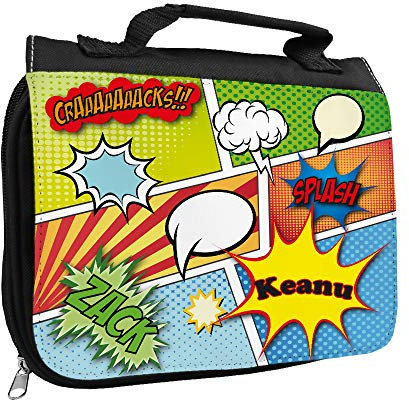 Kulturbeutel mit Namen Keanu und Comic-Motiv für Jungen | Kulturtasche mit Vornamen | Waschtasche für Kinder
