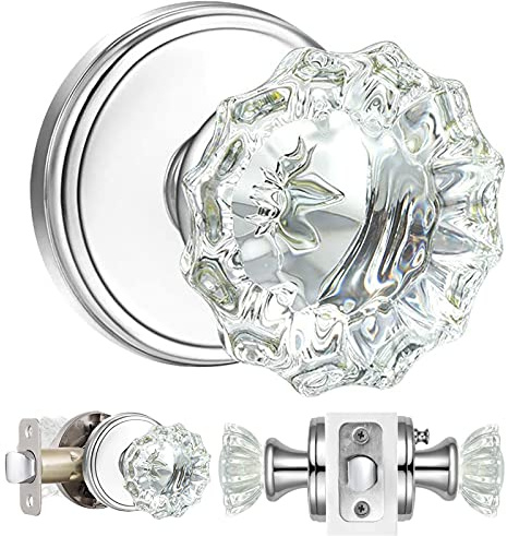 Shiny Handles Crystal Glass Door Knobs Interior with Lock,Privacy Vintage Clear Crystal Door Knobs for Bedroom and Bathroom (Polished Chrome,1Pack)
