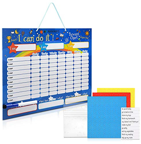 Navaris abwischbare Belohnungstafel magnetisch 40x32cm - Kinder Aufgaben Tafel - Magnettafel inkl. 250 Sternchen - Sterne Aufgabenplan - Englisch