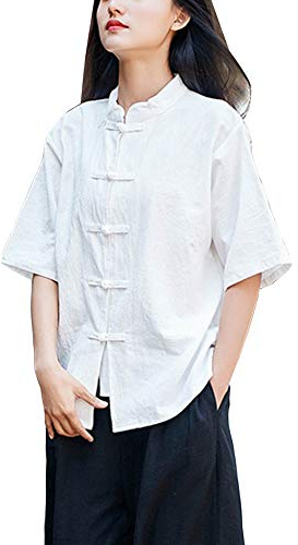 Femme Chemisette Chinoise en Lin Kung Fu Chemise Manches Courtes Confortable Blanc