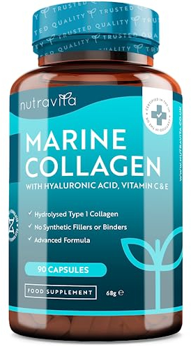 Collagène Marin et Acide Hyaluronique 1000 mg Type 1 avec Vitamine C & E - Hydratation de la Peau - 90 capsules de Collagène de Type 1 - Haute Teneur & Assimilation Élevée - Nutravita