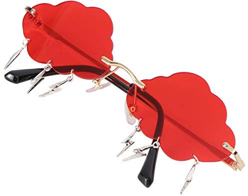 VALICLUD Wolke Sonnenbrille Randlose Vintage Sonnenbrille Lustige Unregelmäßige Disco Brille Blitz Quaste für Frauen Männer Getönte Brille Rot