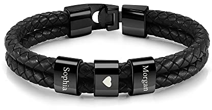 PiercingJak Herren Armband mit Gravur 3 Namen Männer Lederarmband geflochten Schwarz Echtleder Wickel Edelstahl Namensperlen ID Armreif Charm Schmuck Personalisierte Geschenke für Mann
