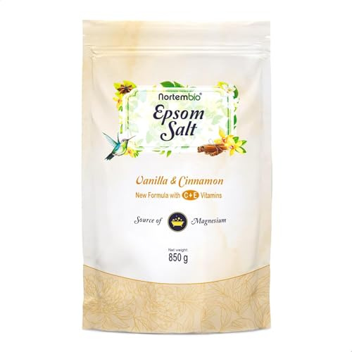 Nortembio Epsom Salz Parfümiert 850 g Magnesium Badesalz mit Vitamin C & E | Fußbad, Home Spa, Entspannung & Wohlbefinden | Duft nach Wahl + Gratis eBook (Vanille & Zimt)