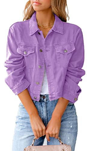 seiveini Giacca Giubbotto di Jeans Donna Autunno Inverno Basic Giubbino Denim Giacca Lavato Vintage Manica Corta Slim Fit Giubbotto Jeans Donna Corta A Viola L