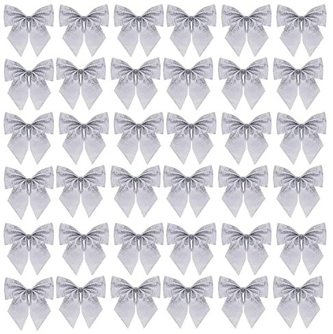 ePicsoa Christmas Ribbon Bows Ornaments, 36 Pieces Mini Xmas Tree Bows Wrapping Present Bows for Christmas New Year DIY Hanging Decor Craft (Silver)