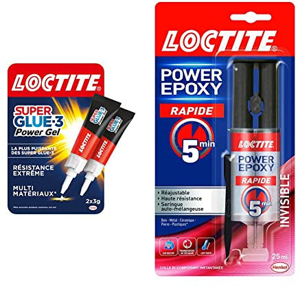Lot de 2 colles Loctite - Super Glue-3 Power Gel, colle forte enrichie en caoutchouc, colle gel ultra-résistante, à séchage immédiat, colle transparente, lot de 2 tubes 3 g & Colle Power Epoxy Rapide 5 Minutes 25 ml