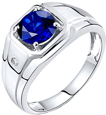 Verlobungsring Männer, Eheringe Nordic 18 Karat (750) Weißgold mit 1ct Blau Rundschliff Saphir Größe 45 (14,3)