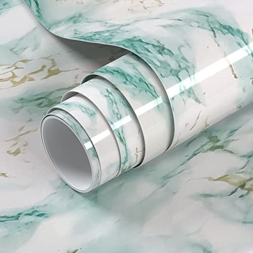 VOLEAAR Green Marble Contact Paper 40 x 1000CM Peel and Stick Wallpaper Vinyl Film Self Adhesive Removable Waterproof Wall Paper for Countertop Cabinet Kitchen Furniture Shelf Liner